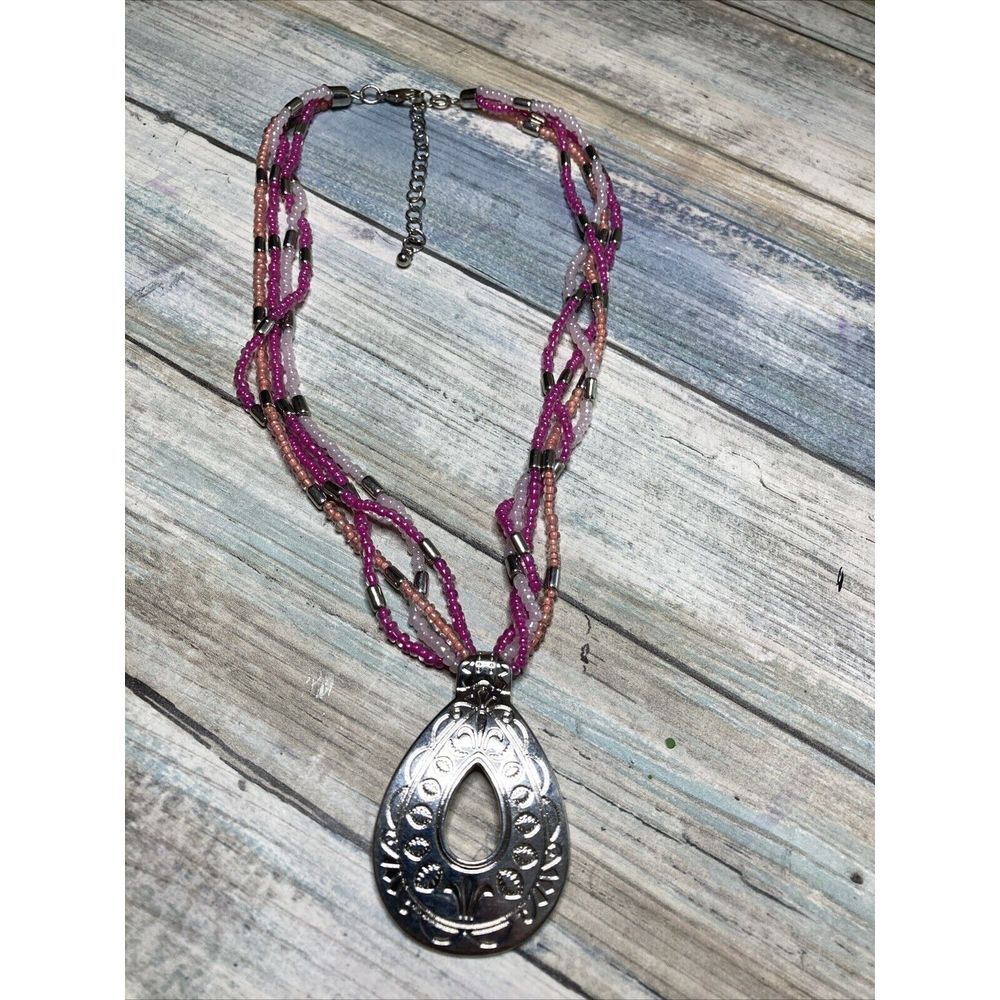 Pink  Silver Tone Multi-Strand‎ Seed Bead Necklace 18"